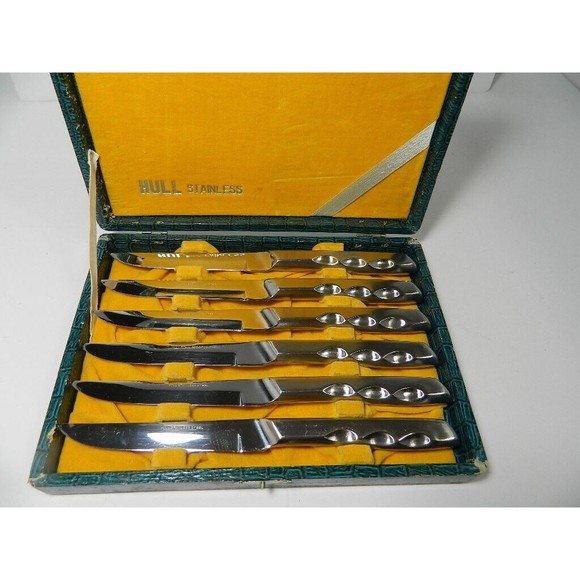 Hull Stainless 8" Steak Knife Set in Original Case Set of 6 Vintage Japan - Picture 1 of 14